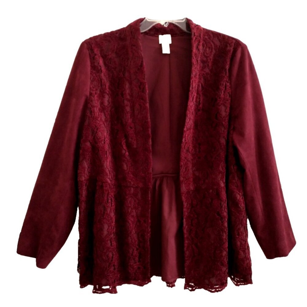 Chico's Blazer Jacket Peplum Faux Suede Lace Lined Burgundy - Sz 3 (16/18)